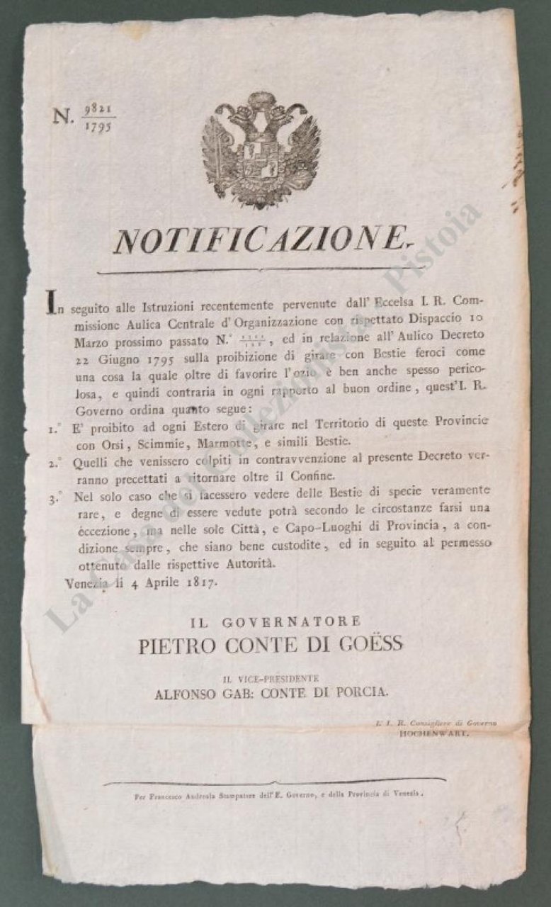 (Bestie feroci) NOTIFICAZIONE, Venezia 1817, che ‚Äú‚Ä¶ proibisce ad ogni …