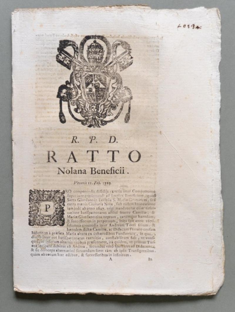Campania, NOLA. SACRA ROTA. Placchetta a carattere legale del 1729.