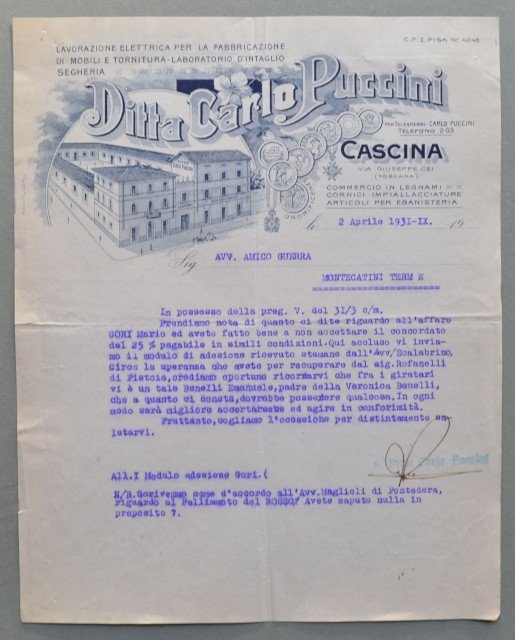 CASCINA (Pisa). Vecchia fattura (anno 1931). MOBILIFICIO CARLO PUCCINI.