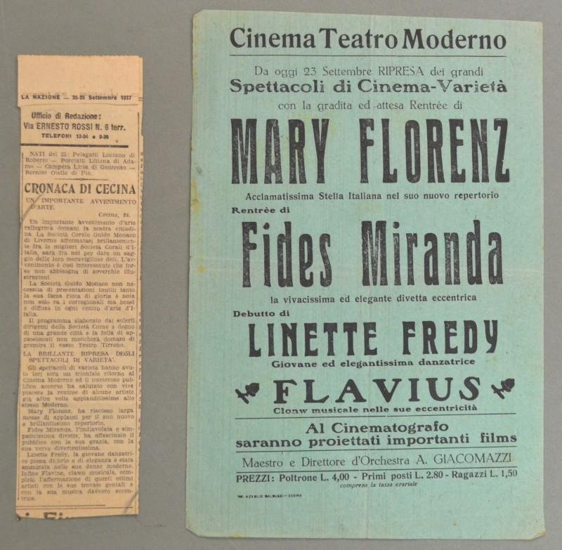 CECINA, Livorno. CINEMA TEATRO MODERNO. Volantino originale pubblicitario del 1927