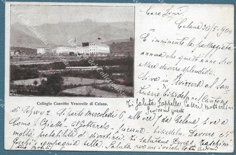 CELANA, Bergamo. Collegio Vescovile. Cartolina d&#39;epoca viaggiata nel 1900