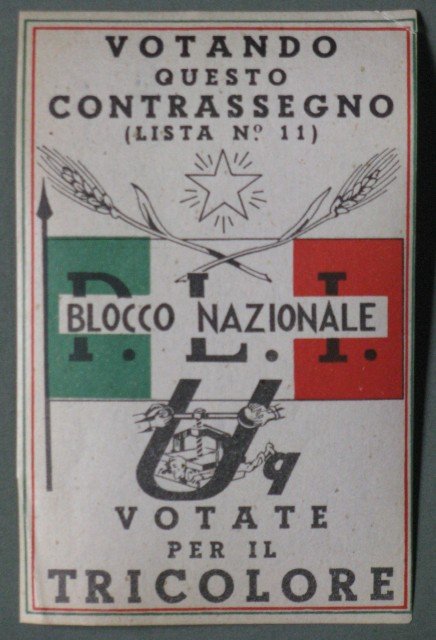 Etichetta adesiva di propaganda del Blocco Nazionale. Circa 1948.