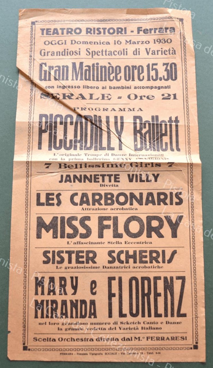 FERRARA. Anno 1930. TEATRO RISTORI. Volantino.