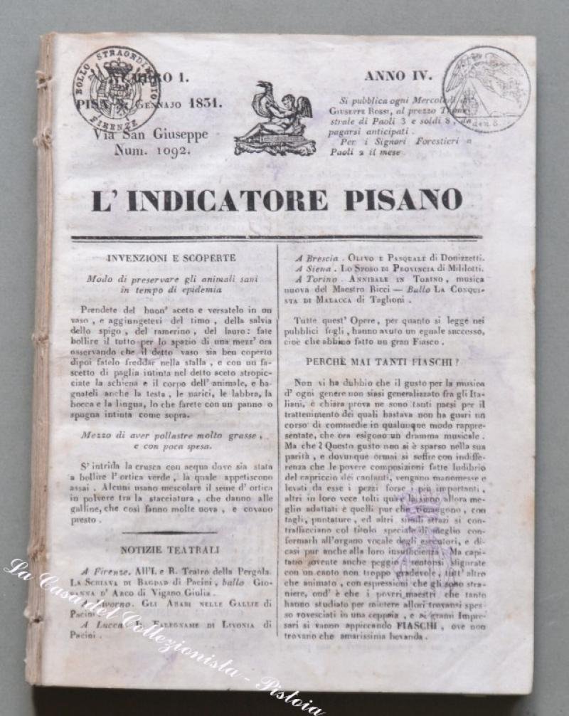 Giornali periodici &#39;800. L&#39;INDICATORE PISANO. Pubblicazione settimanale stampata in Pisa. …