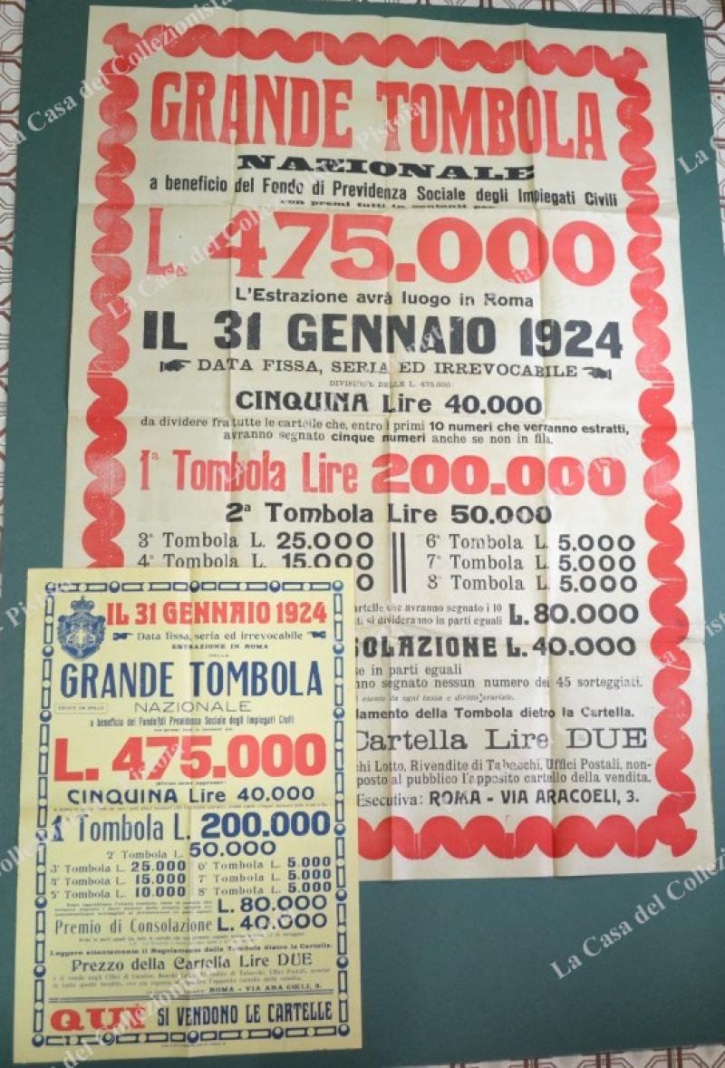 GRANDE TOMBOLA. Roma 31 gennaio 1924. Insieme di 2 manifesti