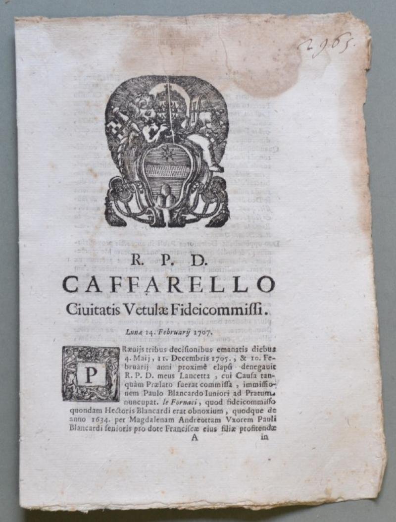 Lazio, CIVITAVECCHIA. SACRA ROTA. Placchetta a carattere legale del 1707.