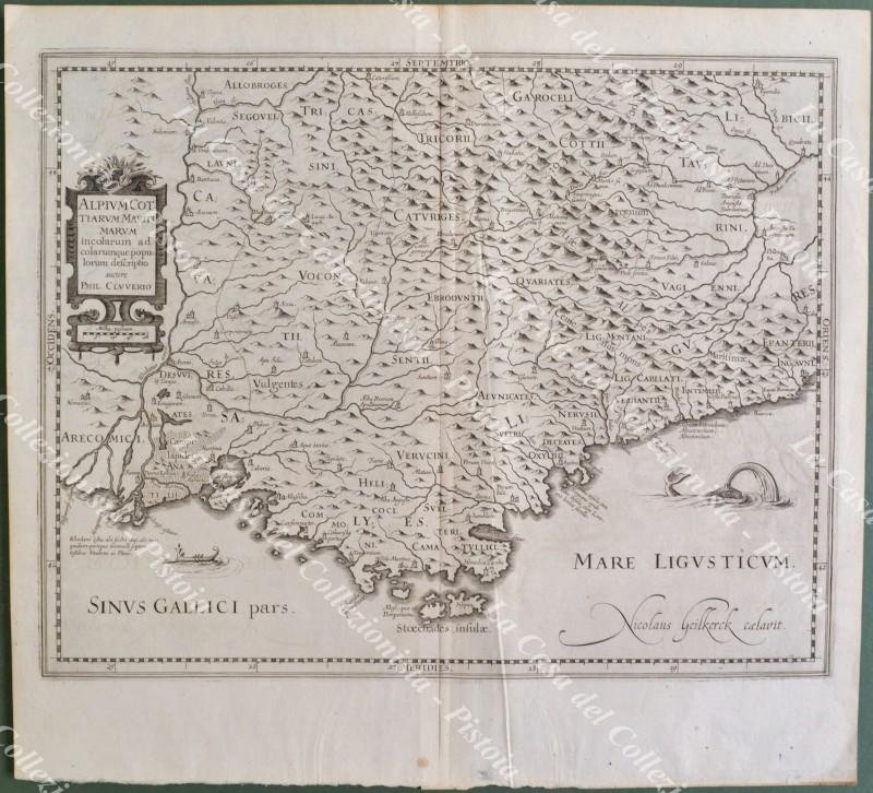 LIGURIA. &quot;ALPIUM COTTIARUM MARITIMARUM.CLUVERIO&quot;. Bella carta, incisa all&#39;acquaforte, anno 1626