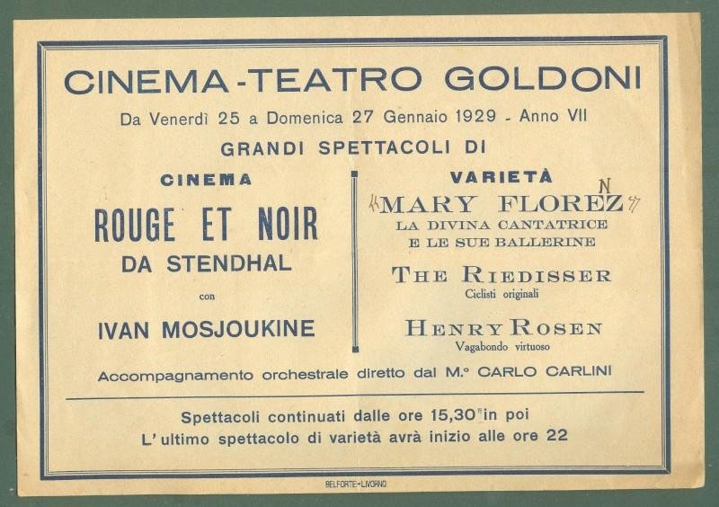 LIVORNO. TEATRO GOLDONI. Volantino originale pubblicitario del 1929