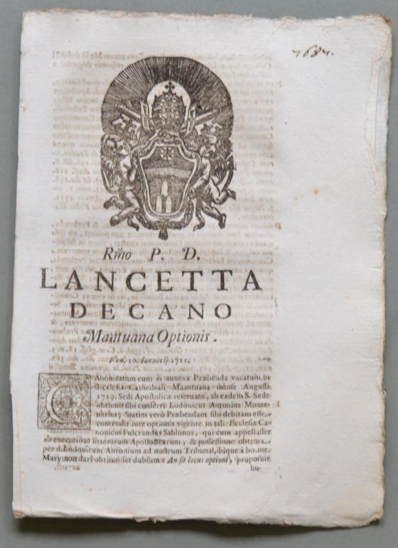 Lombardia, MANTOVA. SACRA ROTA. Placchetta a carattere legale del 1721.