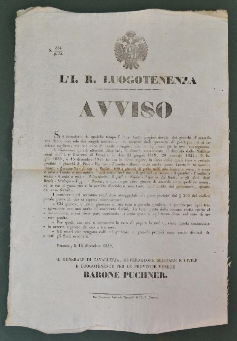 Lombardo Veneto - gioco d&#39;azzardo. AVVISO, Venezia, 1849 che proibisce …
