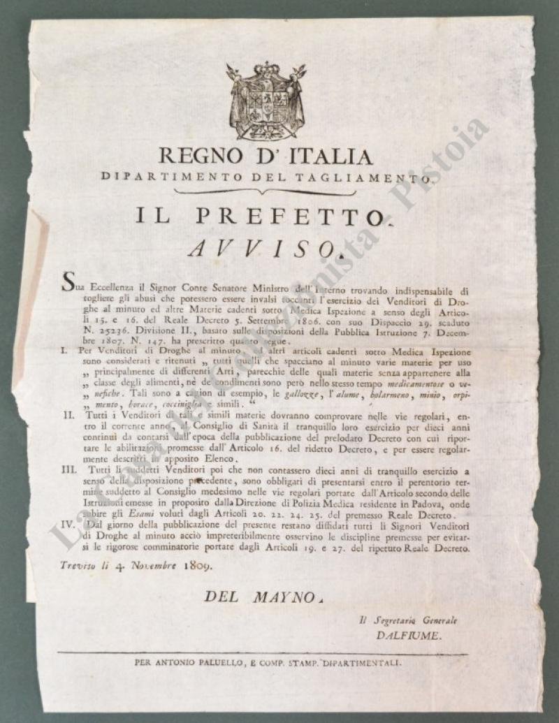 Lombardo Veneto - vendita di droghe. AVVISO, Treviso, 1809, per …