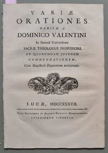 LUCCA. Placchetta &#39;700. VARIAE ORATIONES HABITAE A DOMINICO VALENTINI In …