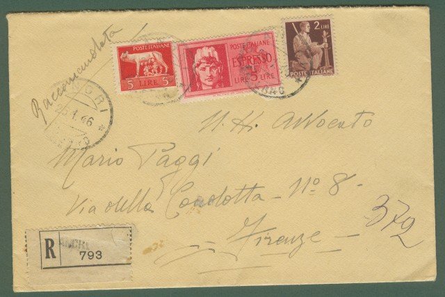 LUOGOTENENZA. VALORI GEMELLI. Lettera raccomandata espresso del 23.1.1946 da Agri …