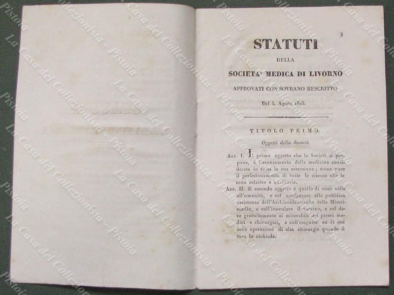 MEDICINA-LIVORNO. STATUTI DELLA SOCIETA&#39; MEDICA DI LIVORNO. 1825