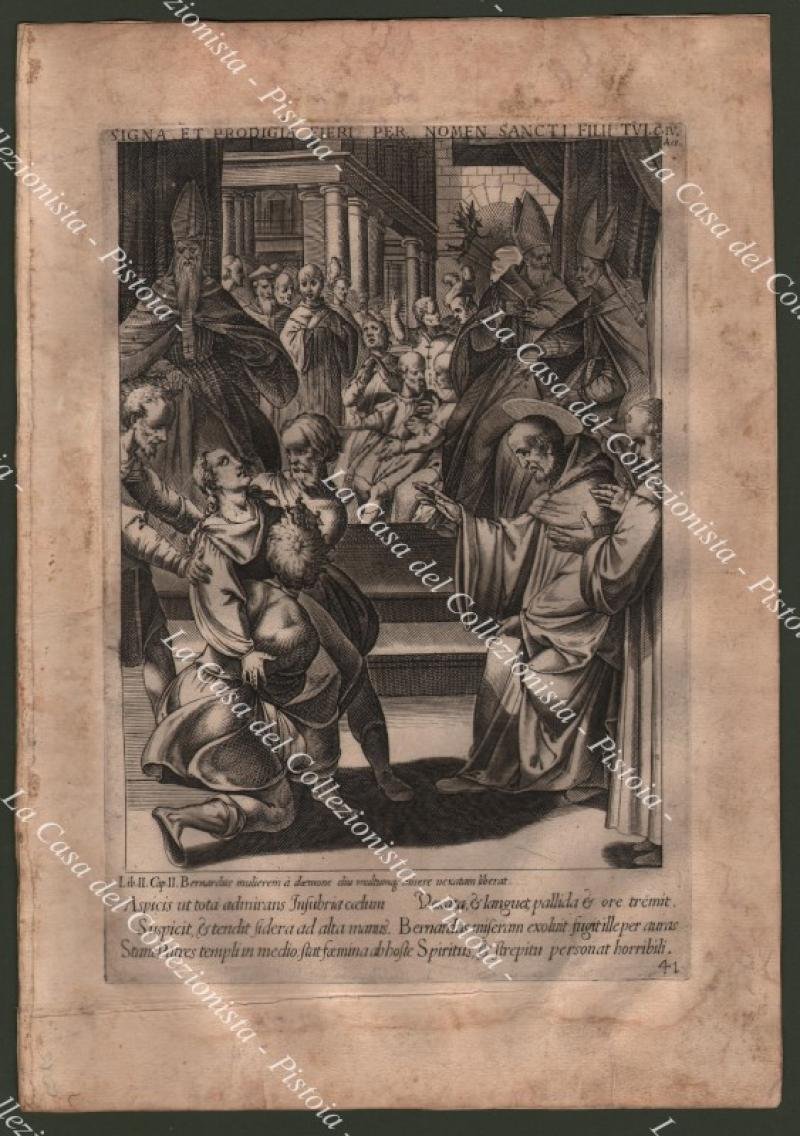 Miracoli - esorcismo. San Bernardo da Chiaravalle. Acquaforte del 1587