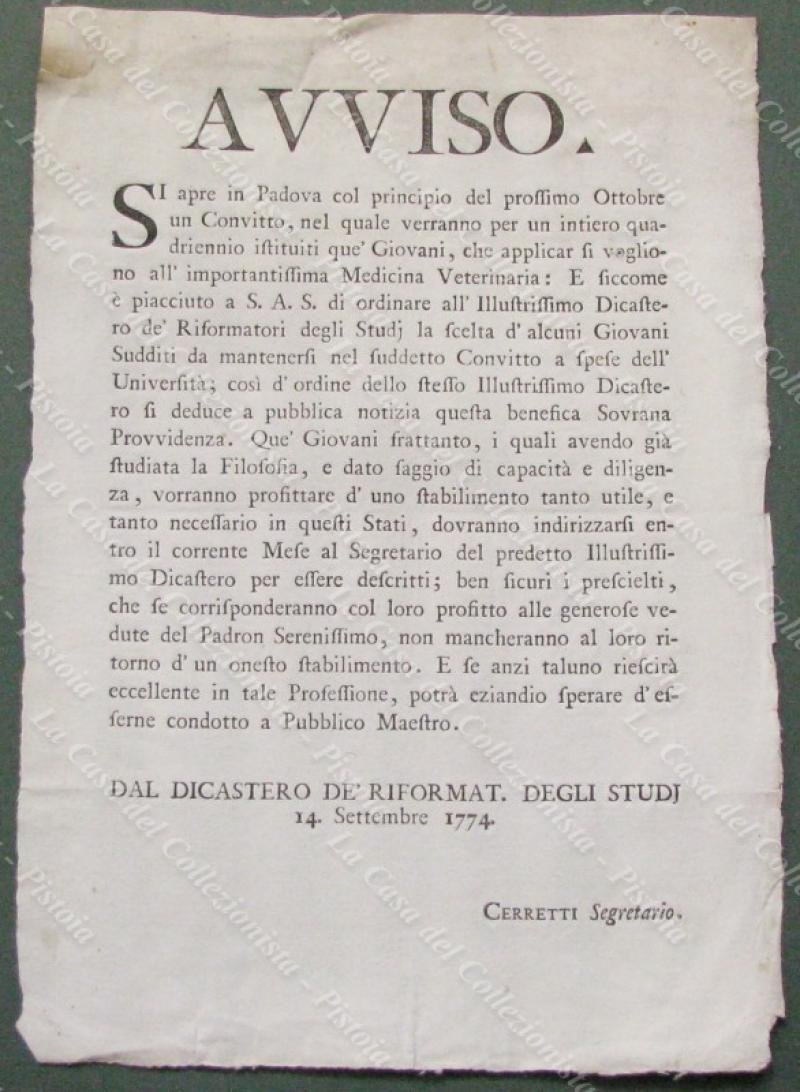 PADOVA 1774. AVVISO per l&#39;apertura di un convitto.diventare veterinari.