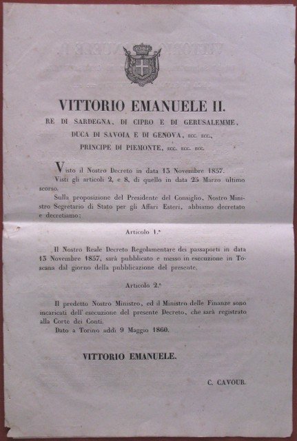 Passaporti. Decreto del 9 maggio 1860