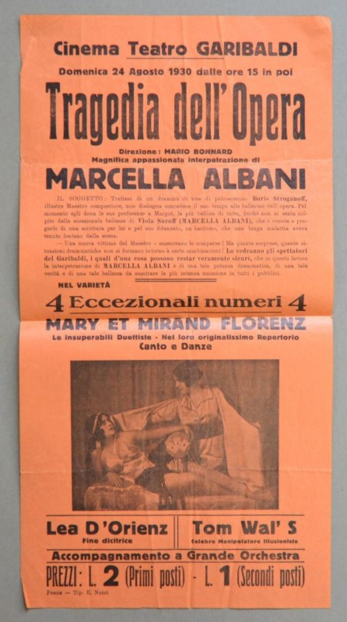 PESCIA, Pistoia. CINEMA TEATRO GARIBALDI. Volantino originale pubblicitario del 1930