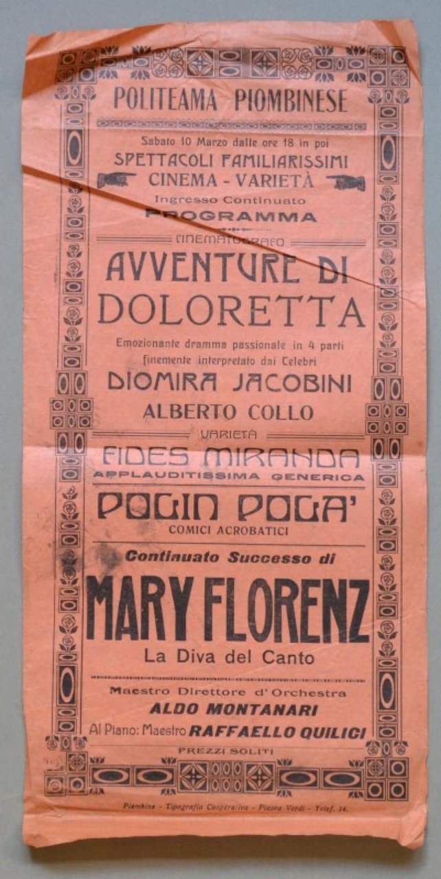 PIOMBINO. POLITEAMA PIOMBINESE. Volantino originale pubblicitario, (circa 1925)
