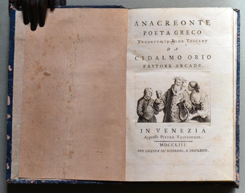 Poesia greca - Anno 1753. &quot;ANACREONTE POETA GRECO.PASTORE ARCADE&quot;.