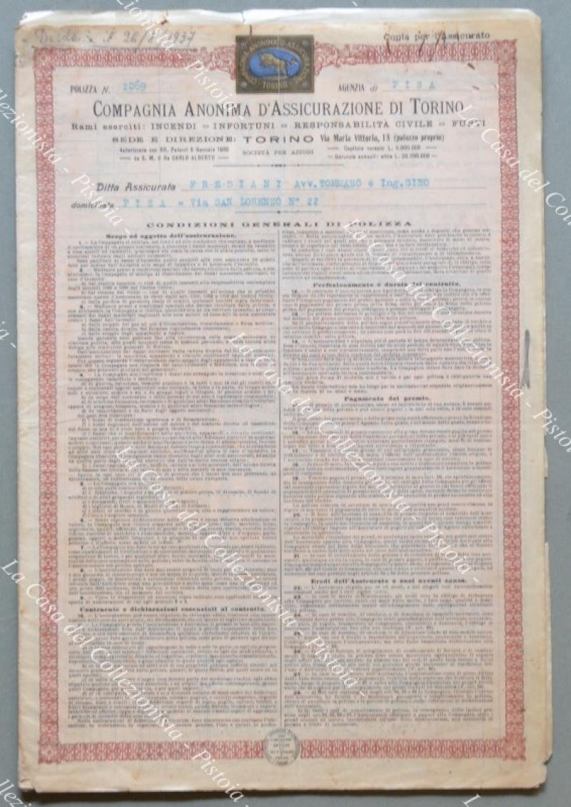 POLIZZA. COMPAGNIA ANONIMA D&#39;ASSICURAZIONE DI TORINO. Anno 1928