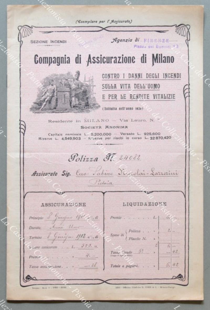 POLIZZA. COMPAGNIA ASSICURAZIONE DI MILANO. Anno 1911