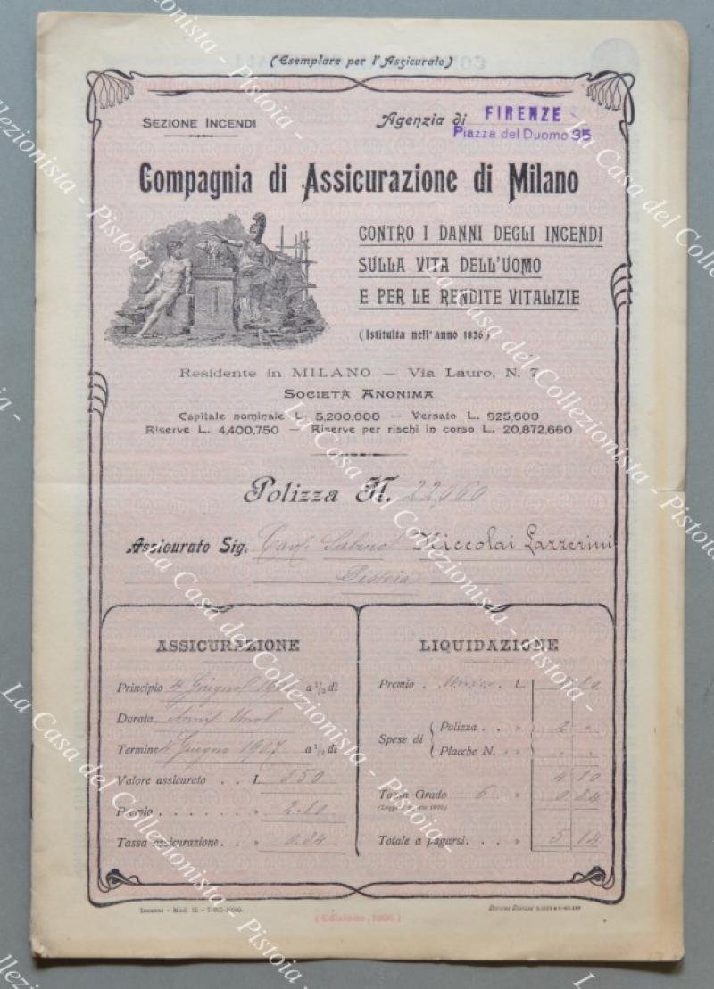 POLIZZA. COMPAGNIA DI ASSICURAZIONE DI MILANO. Anno 1906.