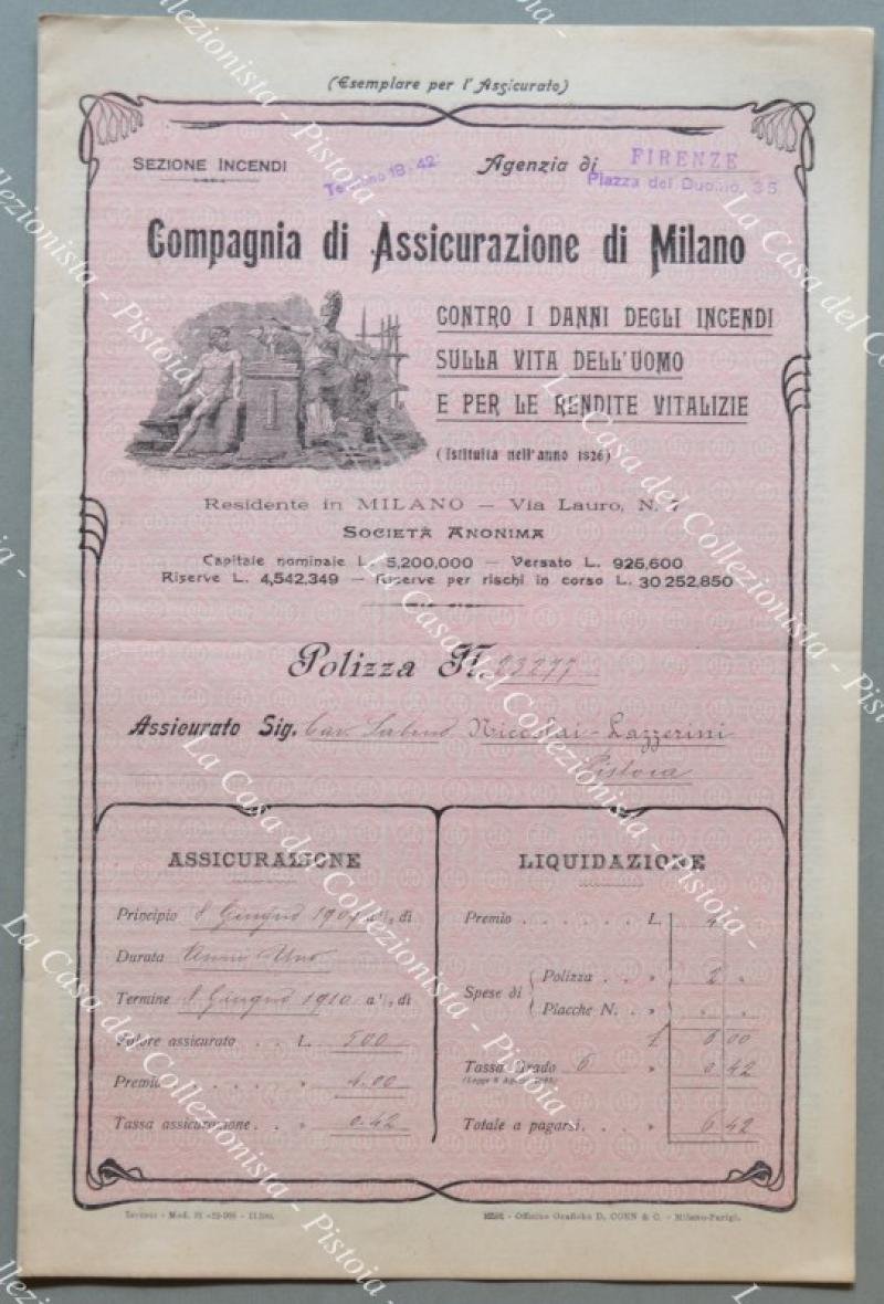POLIZZA. COMPAGNIA DI ASSICURAZIONE DI MILANO. Anno 1909.