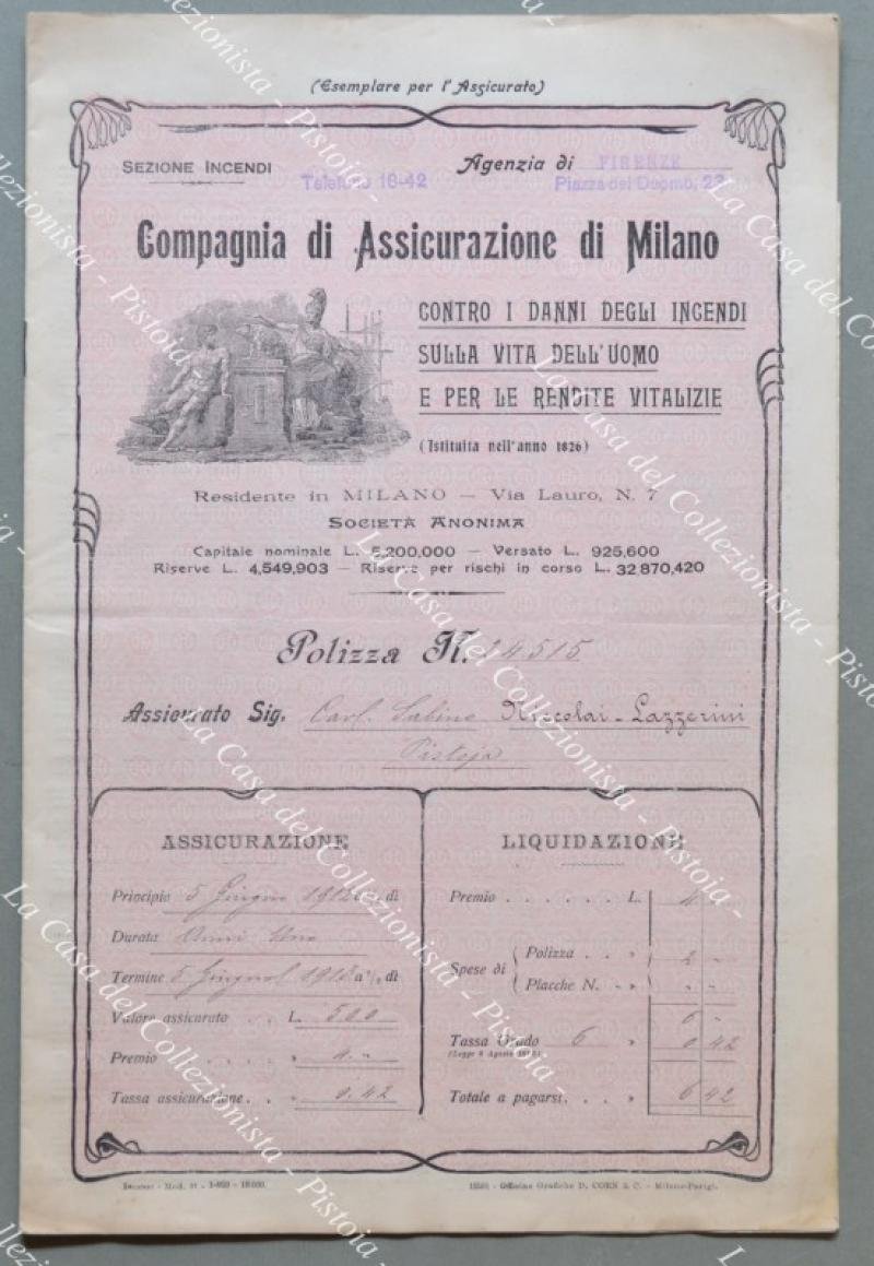 POLIZZA. COMPAGNIA DI ASSICURAZIONE DI MILANO. Anno 1912.