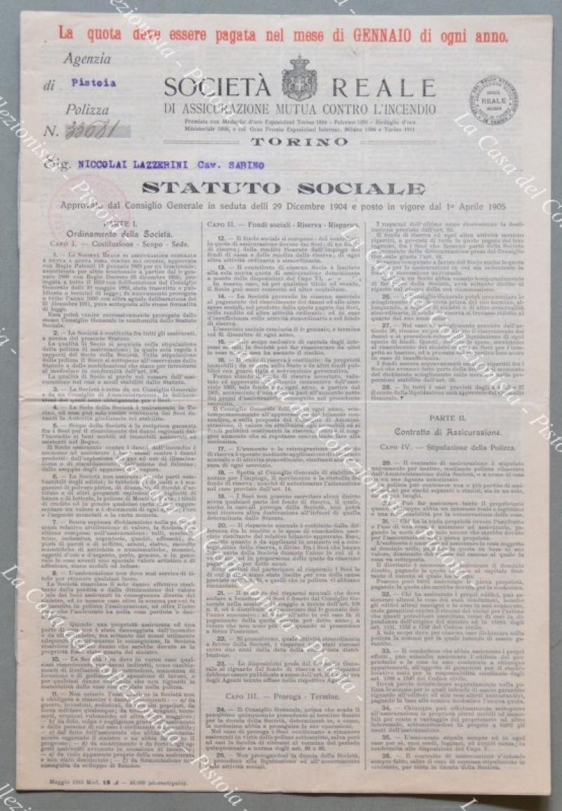 POLIZZA. SOCIETA&#39; REALE DI ASSICURAZIONE. Anno 1916.
