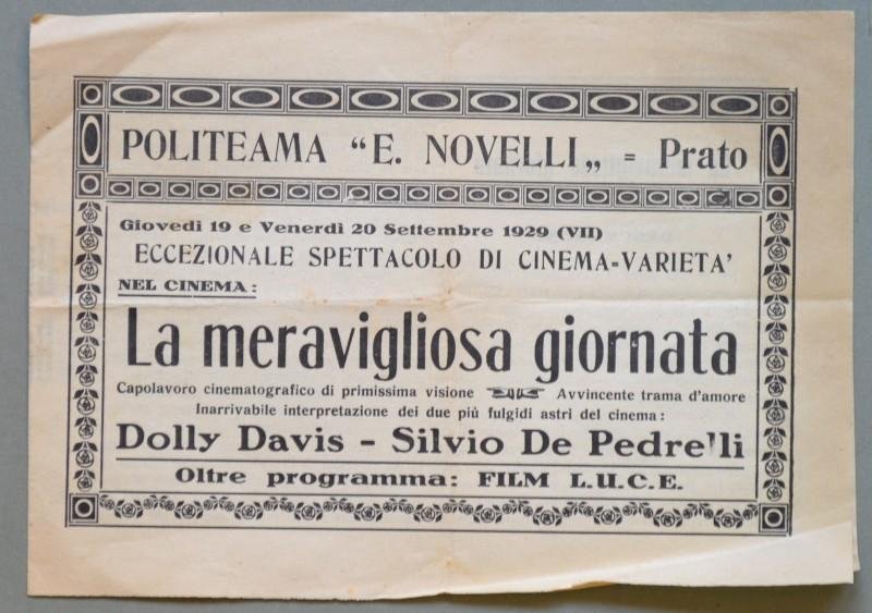 PRATO. POLITEAMA E. NOVELLI. Volantino originale pubblicitario del 1929