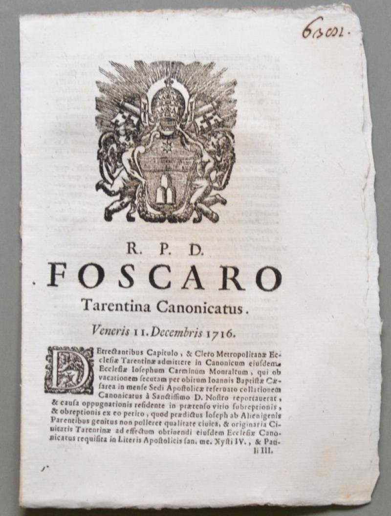Puglia, TARANTO. SACRA ROTA. Placchetta a carattere legale del 1717.