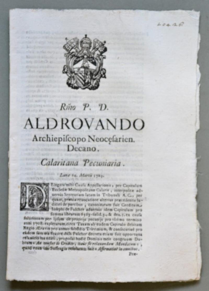 Sardegna, CAGLIARI. SACRA ROTA. Placchetta a carattere legale del 1729