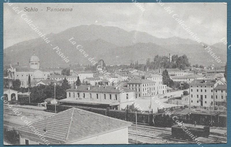 SCHIO, Vicenza. Stazione e panorama. Cartolina viaggiata nel 1915.