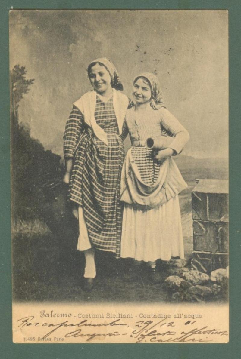 Sicilia. PALERMO. Costumi siciliani, contadine all&#39;acqua. Cartolina d&#39;epoca viaggiata
