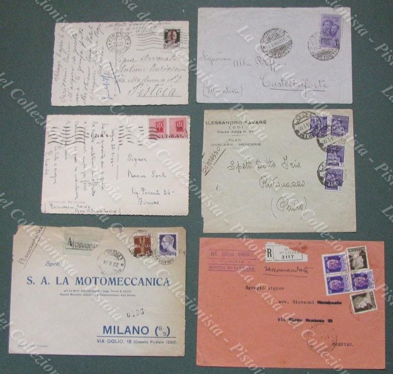 Storia postale REPUBBLICA SOCIALE ITALIANA:2 raccomandate+1 espresso+1 lettera+2 cartoline. 1944-1945