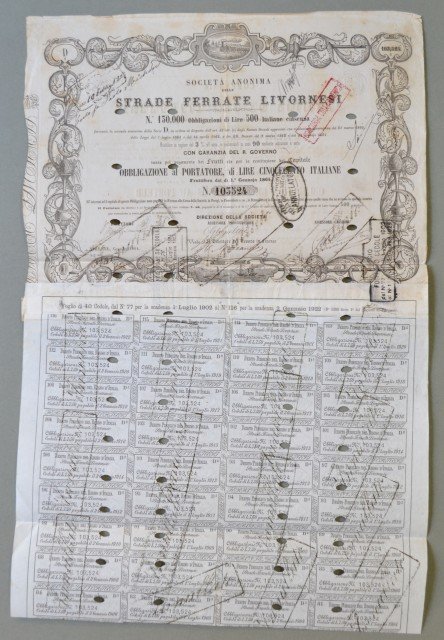 STRADE FERRATE LIVORNESI. Obbligazione da lire 500 del 1862. Unite …