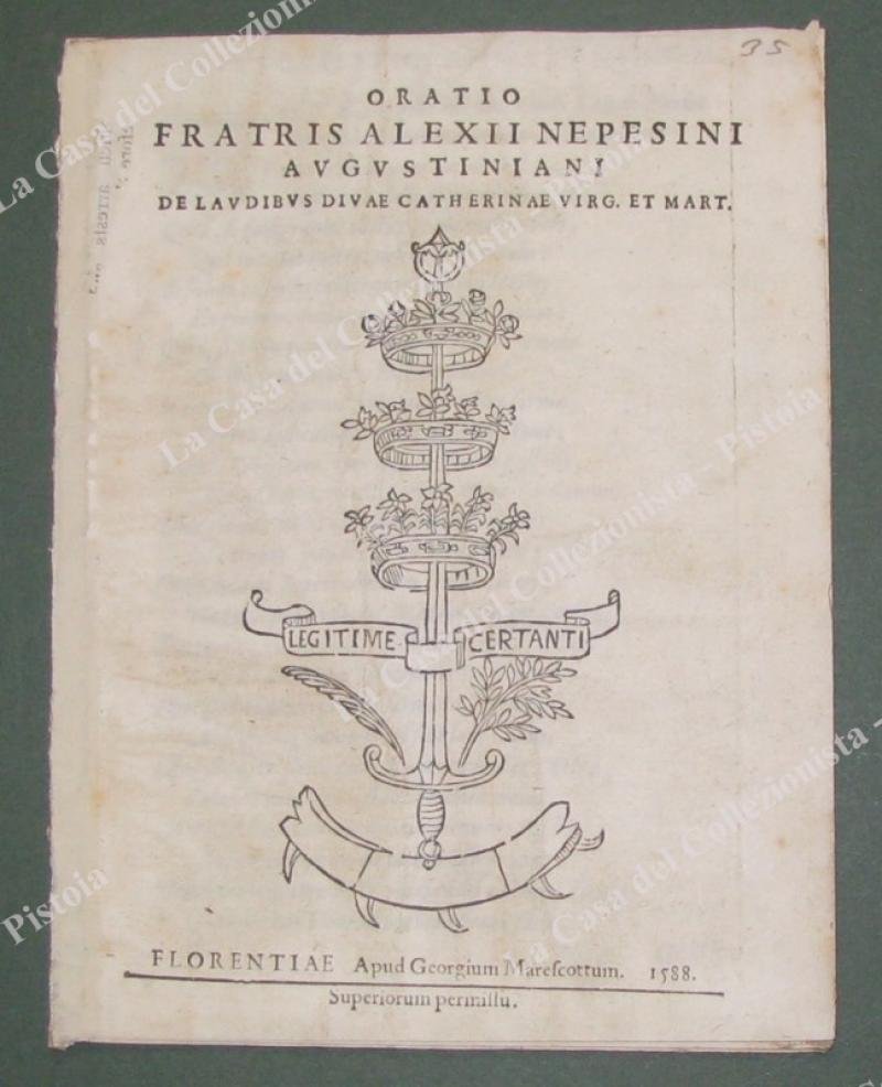 Toscana-placchetta &#39;500. SALOMONI ALESSIO. &quot;ORATIO.MART&quot;. Firenze, presso Giorgio Marescotti, 1588