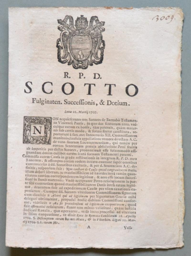 Umbria, FOLIGNO. SACRA ROTA. Placchetta a carattere legale del 1707.