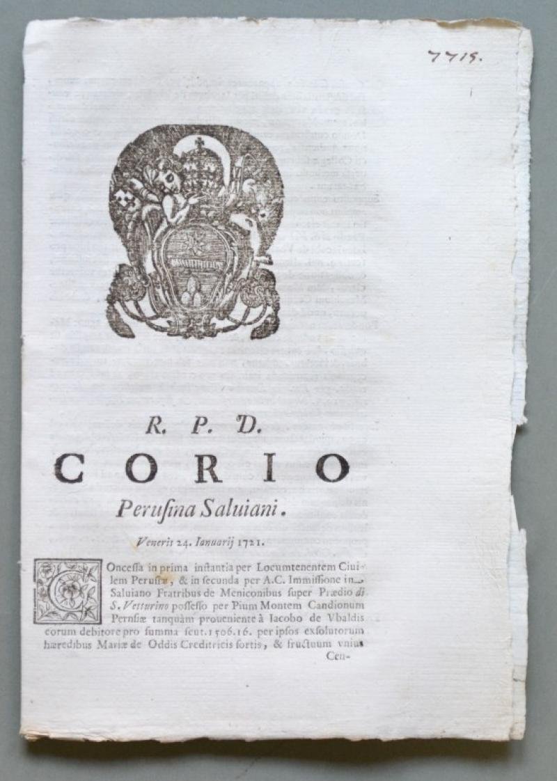 Umbria, PERUGIA. SACRA ROTA. Placchetta a carattere legale del 1721