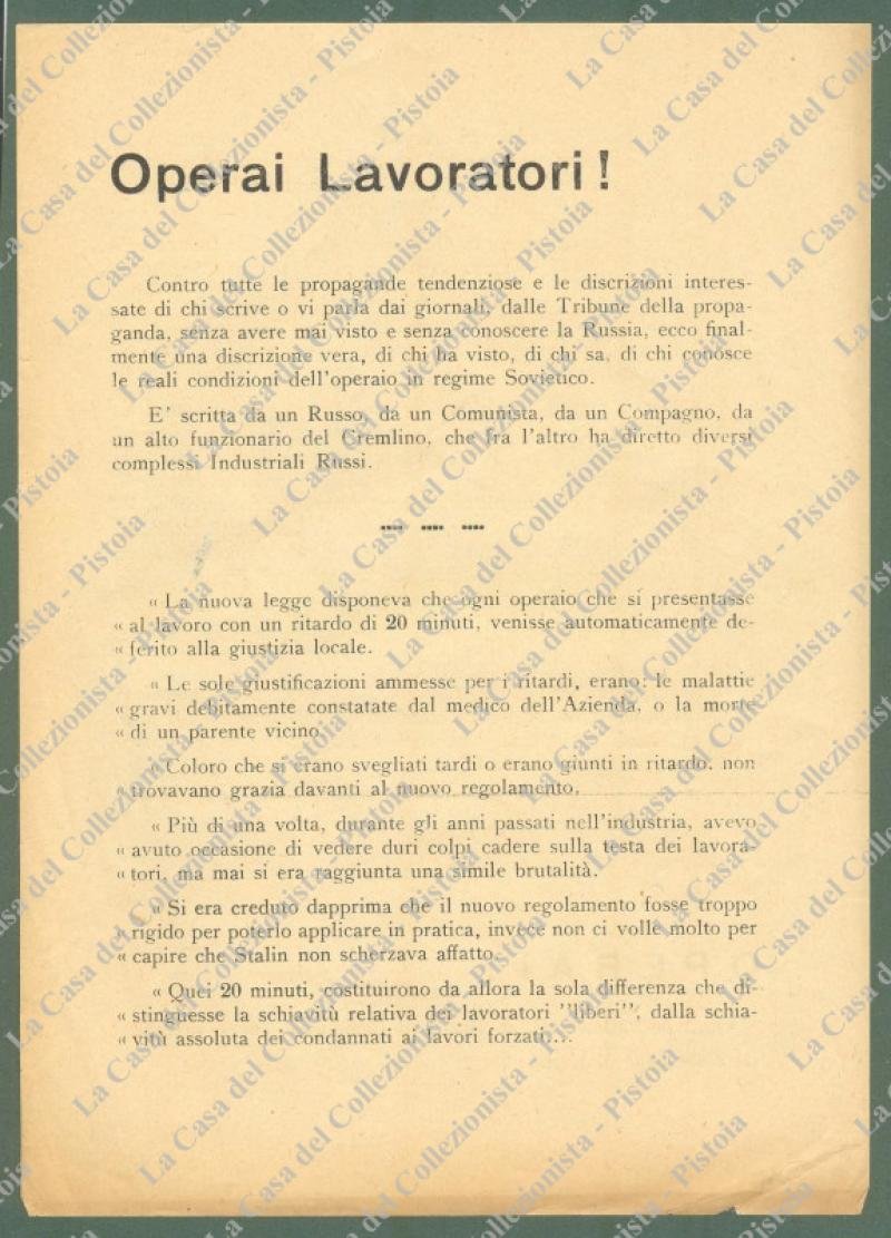 Volantino di propaganda politica, 1948. &quot;Operai Lavoratori!&quot;
