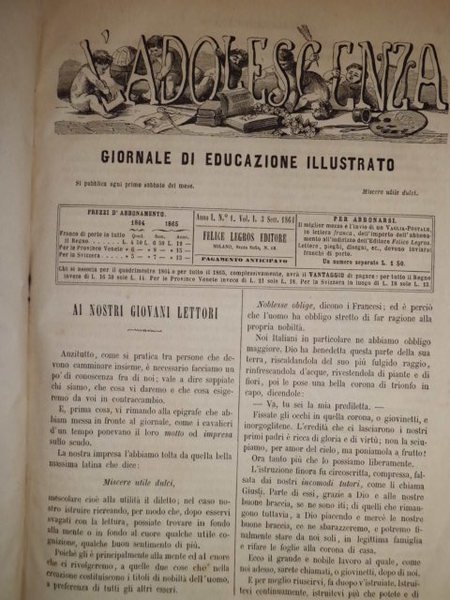 AA.VV. L' ADOLESCENZA. GIORNALE DI EDUCAZIONE ILLUSTRATO.