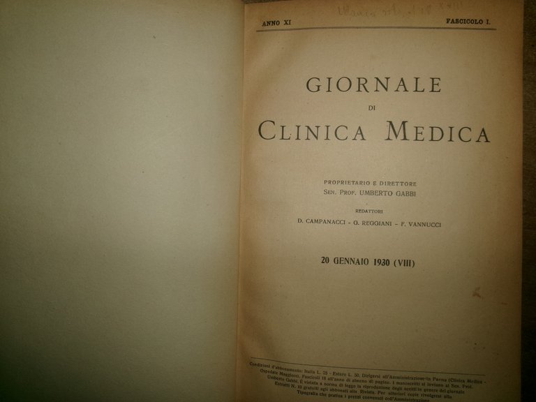 AA. VV. Sen. Prof. UMBERTO GABBI. Giornale di Clinica Medica. …