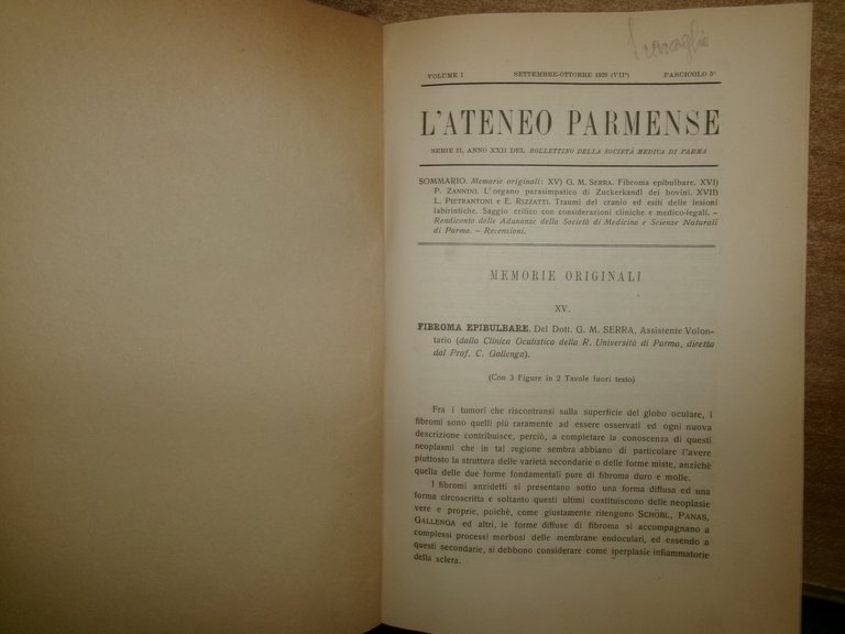 Autori Vari. L' Ateneo Parmense 2 volumi anno 1929