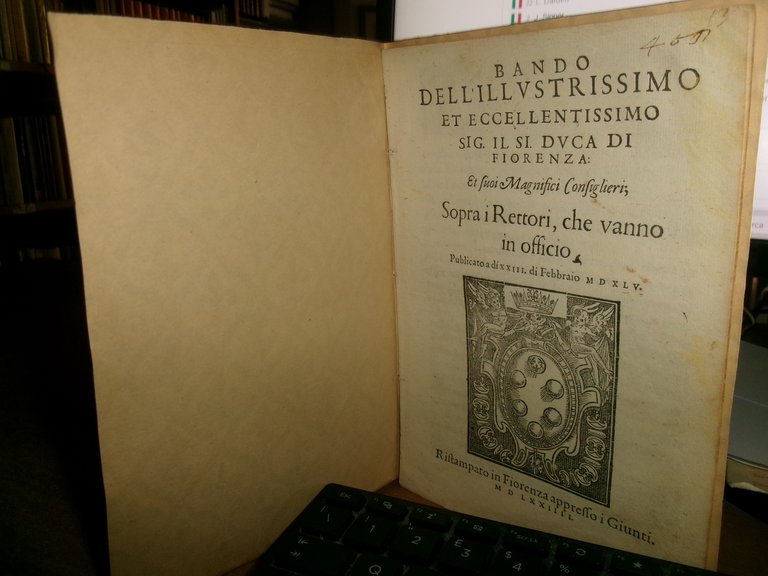 (Bando) Dell' Illustrissimo...Sopra i Rettori, che vanno in Officio 1574