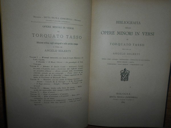 Bibliografia delle OPERE MINORI IN VERSI di TORQUATO TASSO