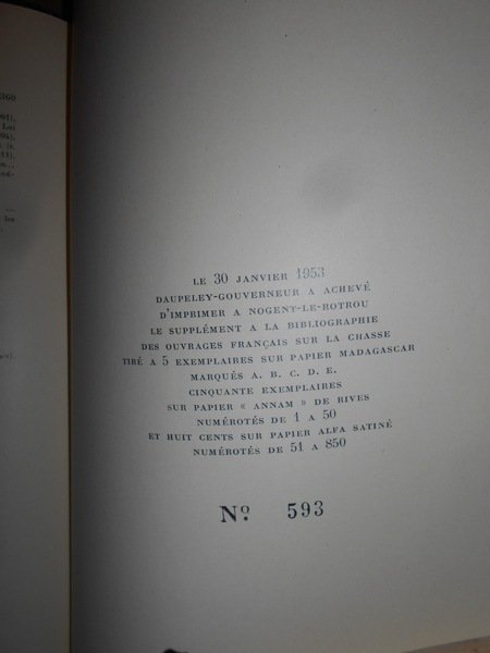 BIBLIOGRAPHIE DES OUVRAGES Français sur La Chasse. Supplément a la …