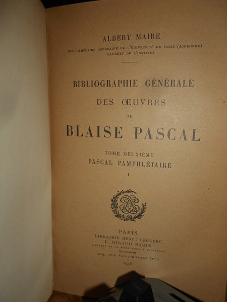 BIBLIOGRAPHIE GÉNÉRALE DES OEUVRES DE BLAISE PASCAL (5 TOMES - …