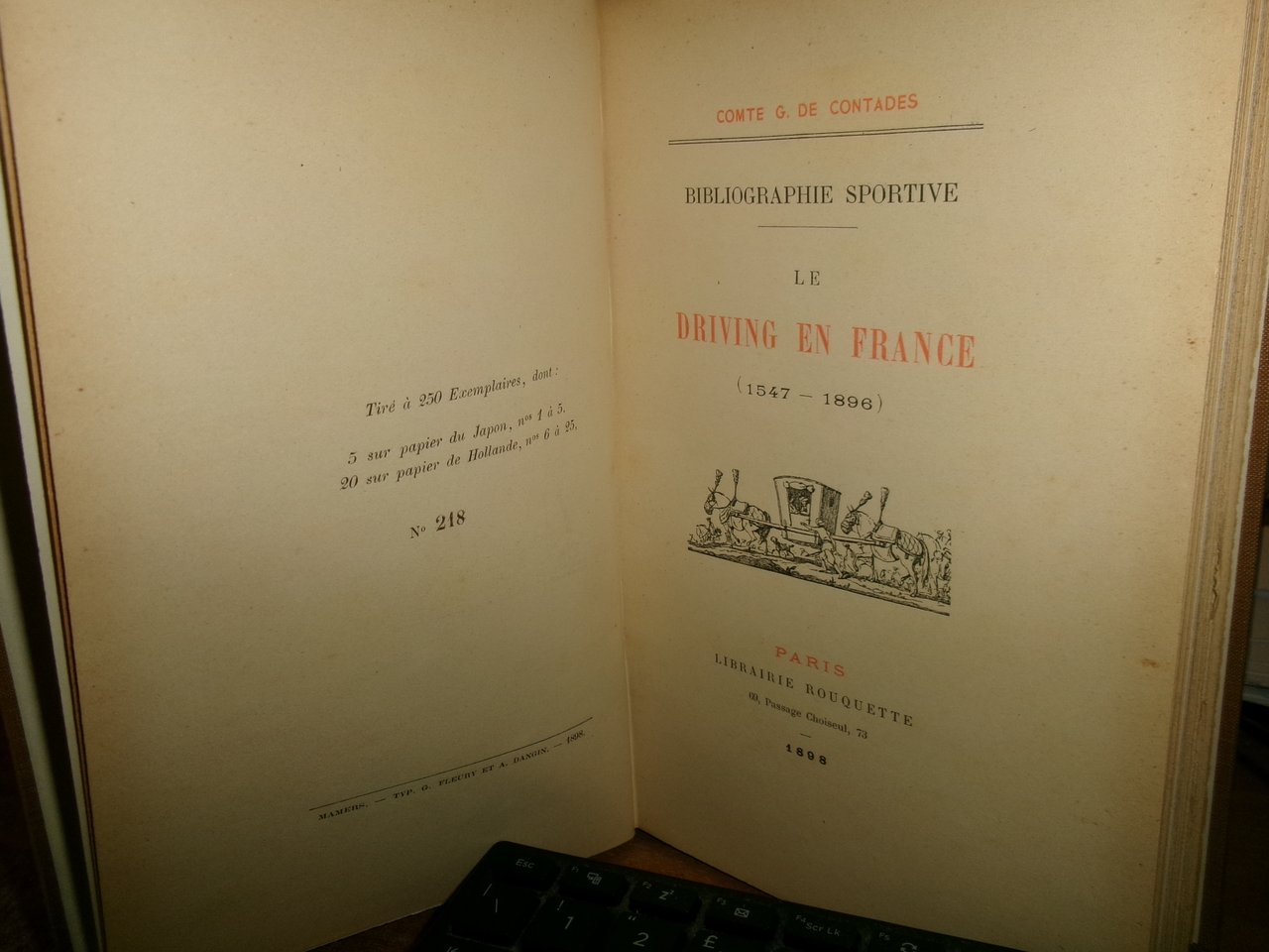 Bibliographie Sportive. Le DRIVING EN FRANCE (1547-1896). G. De Contades … | Immagine principale