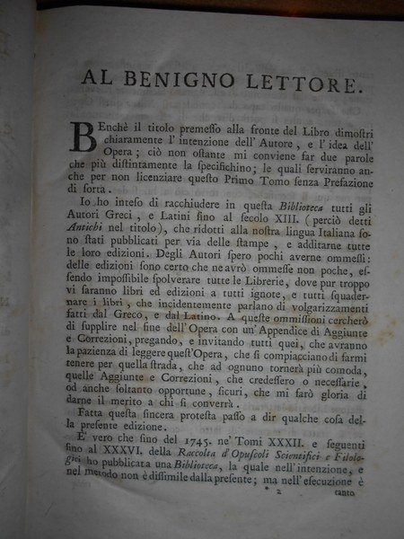 BIBLIOTECA degli Autori Antichi Greci, e Latini Volgarizzati. In fine …